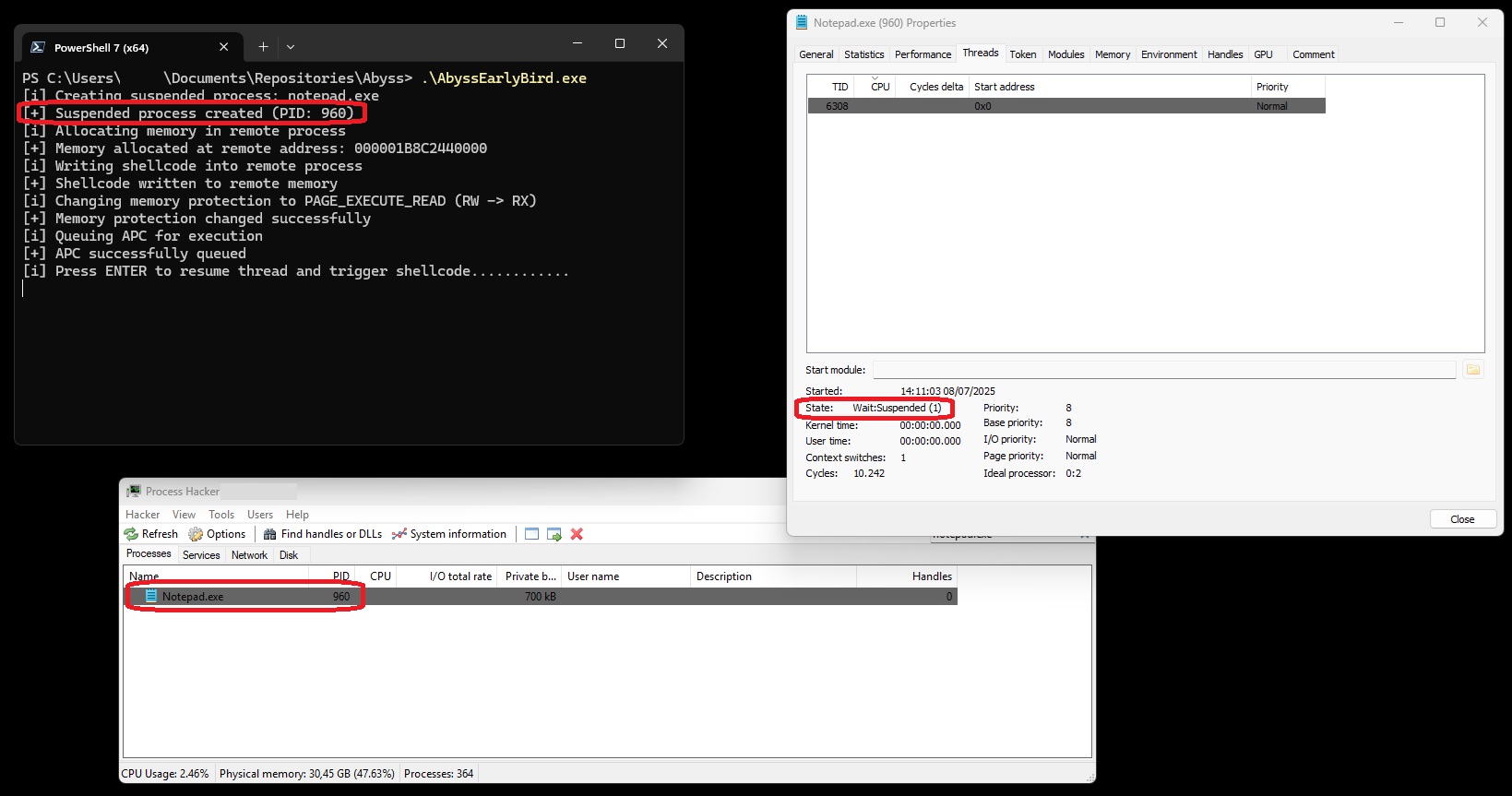 Executing EarlyBird Injector - Before Shellcode Execution